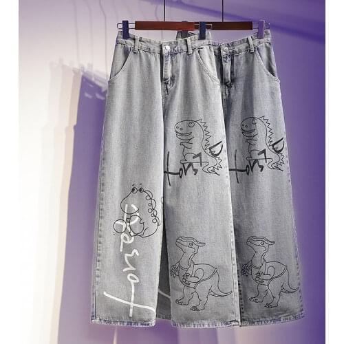 Spring and Autumn New Korean Style Large Size 100kg Graffiti Cartoon Jeans Womens High Waist Loose Straight Wide Leg Pants