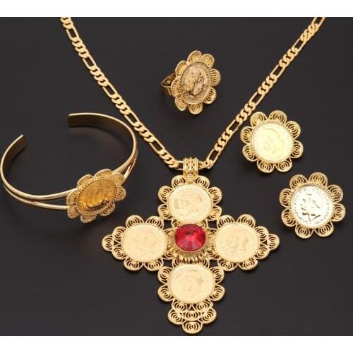 New Traditional Ethiopian Top grade Wedding pendant bangle ring earrings Sets Gold GF CZ Bridal Romantic Jewelry for Women