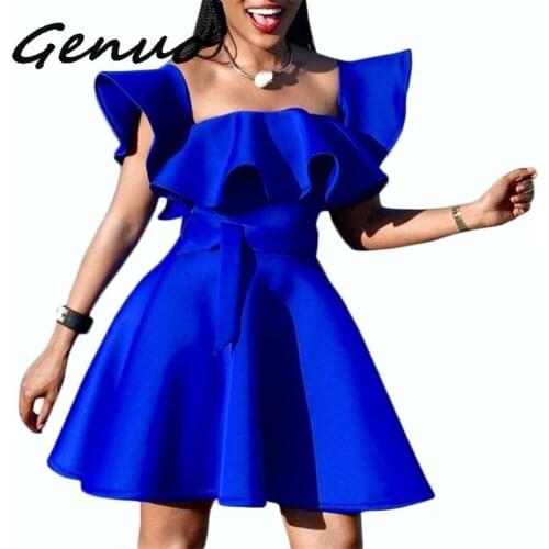 Women Summer Party Dress Pleated With Waist Belt Ruffle Blue Celebrate Dinner Evening Night Clubwear Sexy Robes Tunics Plus Size