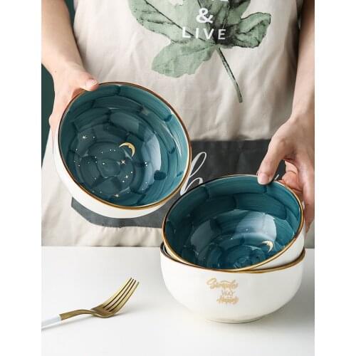 Starry Sky Gold Rim Handmade Ceramic Salad Bowl Porcelain Kitchen Soup Rice Instant Noodles Bowl Dinnerware Set Home Tableware