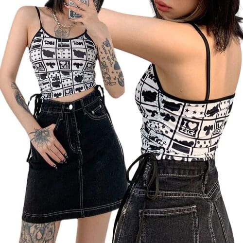 2021 New Womens Ruched Crop Cami Tops, Cute Carton Graphic Spaghetti Strap Side Drawstring Tank Tops