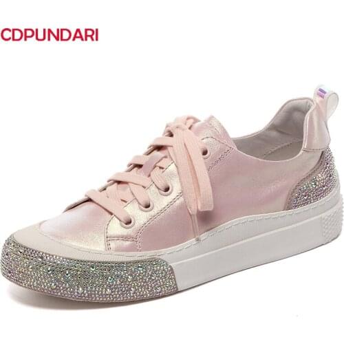 2021 Ladies Fashion Bling Genuine Leather Lace-up Flat Platform Sneakers Women Luxury Casual Flat Loafers Shoes Spring Summer