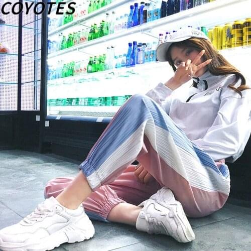 COYOTES Womens Pants Patchwork Ankle-length Harem Pant Women Drawstring High Waist Casual Loose Panelled Trousers Thin Chic