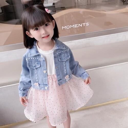 Kids Clothes Girls Denim Jakcet + Mesh Dress Girls Clothing Dot Pattern Clothes For Girls Casual Style Kid Clothes