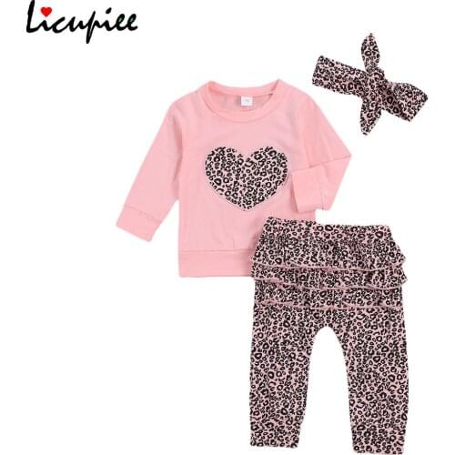Newborn Baby Girl 3pcs Set, Heart Leopard Print Long Sleeve Tops Ruffle Trim Leopard Pants Bow Fall Clothes Outfits 0-18 Months