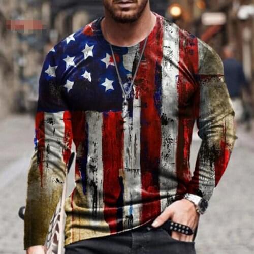 2021 Mens Long Sleeve Oversize T-shirts Summer New Fashion American Flag Print Top O-neck Vintage Tshirts For Men Clothing