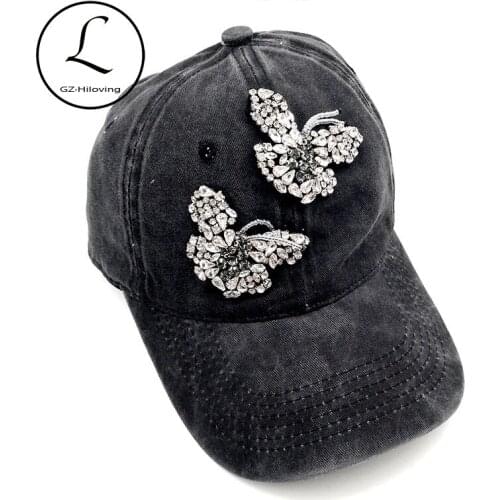GZHilovingL Women Butterfly Diamond Beads Baseball Caps Summer Casual Wash Cotton Adjustable Baseball Caps For Women ladies Caps