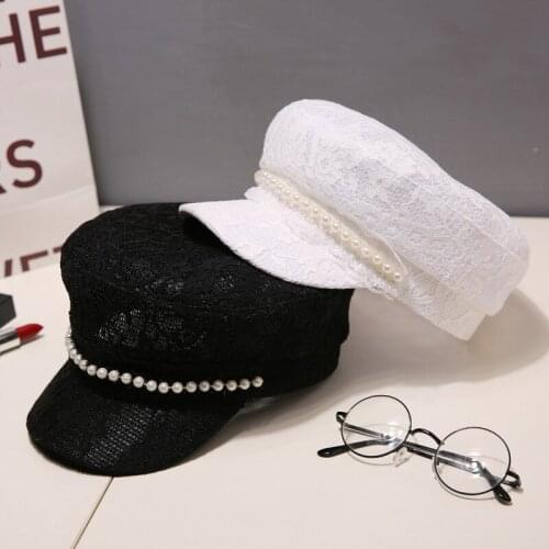H7612 Japanese Visor Hat Women Spring Summer Retro Leisure Lace Cap Female Pumpkin Breathable Painter Style Pearl Fashion Hats