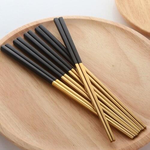 Quality 5 Pairs Chopsticks Stainless Steel Chinese Gold Set Black Metal Chop Sticks Set Used for Sushi Dinnerware
