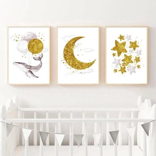 Nursery Canvas Painting Golden Whale Balloon Star Child Poster Wall Art Print Sea Theme Wall Picture Nordic Kid Boy Girl Bedroom