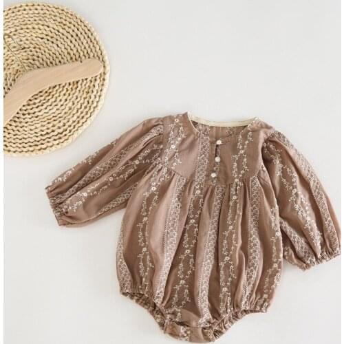 Summer Korea Style Newborn Baby Girls Lace Bodysuits Full Floral Embroidery Long Sleeve Cotton Toddlers Kids Jumpsuits Outfits