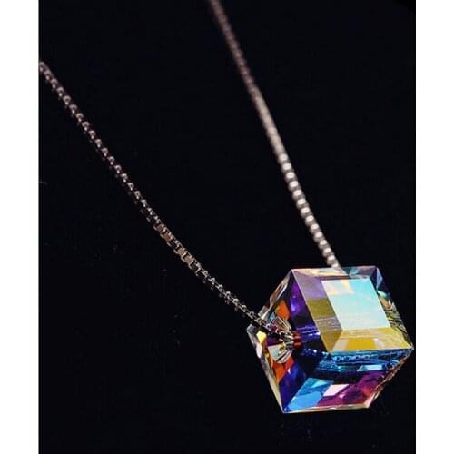 Simple Personality Square Crystal Pendant Fashion Women Rubiks Cube Laser Crystal Necklace Charm Womens Nightclub Jewelry