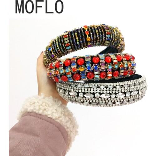 MOFLO 2020 New Luxury Full Color Diamonds Padded Sponge Headband Hair Bands Baroque Wide Velvet Multicolor Crystal Hairband