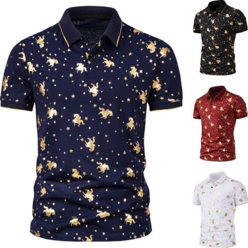 2021 New Summer High Quality Men Gold Print Lapel Slim Shape Business Casual Short Sleeves Mens POLO Shirt