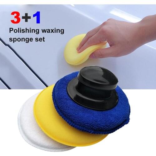 3+1 High-Density Polishing Waxing Sponge Set Microfiber Anti-Scratch Car Care Cleaning Polishing Sponge with Handle Waxing Pad