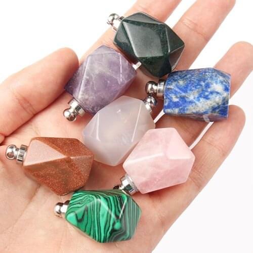 Natural Gem Stone Essential Oil Diffuser Perfume Bottle Pendant Pink Quartz Tiger Eye Round Drop Shape Charms for DIY Necklace