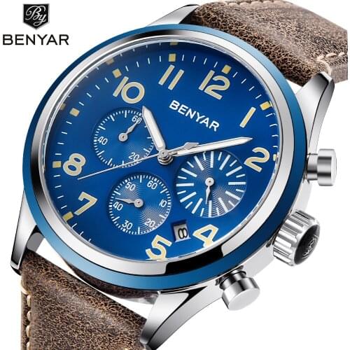New Arrival Benyar Men Watch Top Brand Luxury Male Leather Waterproof Sport Quartz Chronograph Military Wristwatch Clock relogio