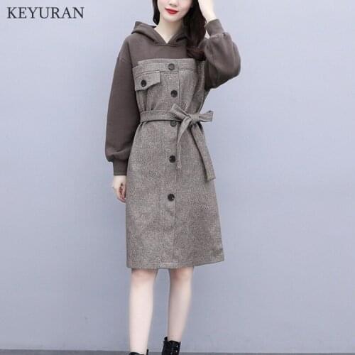 Autumn Winter Dress Women 2021 New Fashion Lacing Plaid Woolen Dress Stitching Slim Large size Long sleeves Womens Office Dress
