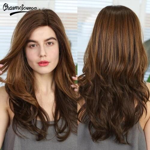CharmSource Medium Long Wavy Lace Part Synthetic Wig Blonde Brown for Women Daily Hair High Density Heat Resistant
