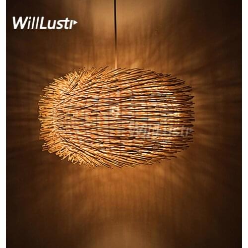 Willlustr wicker pendant lamp handmade wood suspension light bird nest shape hanging lighting bar hotel restaurant mall lounge