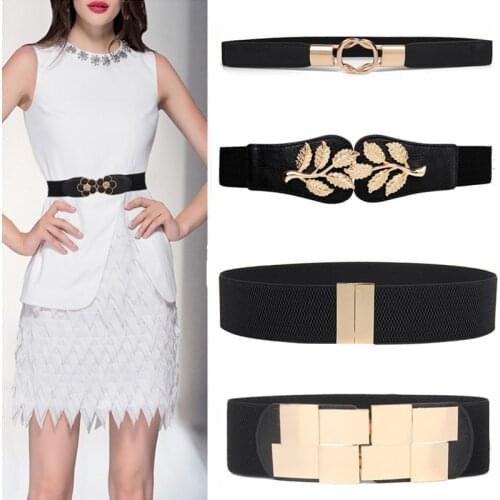 Wide Elastic Waist Belt Black Women Stretch Waistband Dress Wide Belt Corset Waistbands Fashion gold leaf Metal Buckle for Skrit