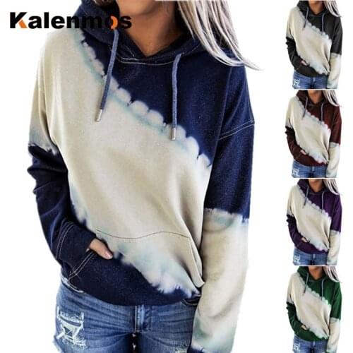 Plus Size Tie Dye Printed Sweatshirts Women KALENMOS Loose Hooded Drawstring Homewear Fall Top Pullovers Hoodie Lounge Tracksuit