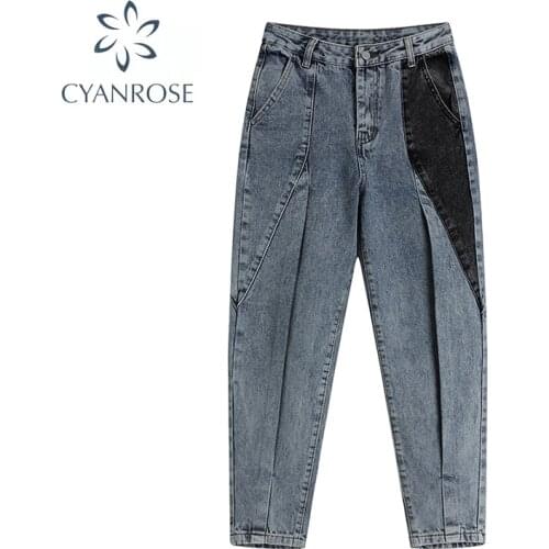 Streetwear Patchwork High Waisted Straight Womens Irregular Jeans Fashion Aesthetic Y2K Punk Denim Pants Female 2021 New Autumn