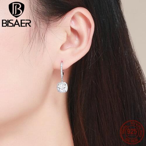 BISAER 925 Sterling Silver Geometric Square Stud Earrings for Women Clear Cubic Zirconia Sterling Silver Earrings Jewelry ECE520