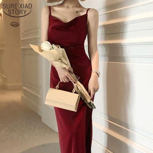 2021 Satin Summer Dress Woman Sleeveless Spaghetti Strap Casual Straight Red Black New Fashion French Party Dresses 13296