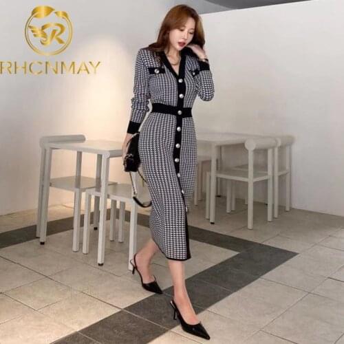 New 2021 Women Plaid Houndstooth Knitted Dress Autumn Fashion Retro Knit Sweater Robe Work Streetwear Winter Bodycon Plaid Dress