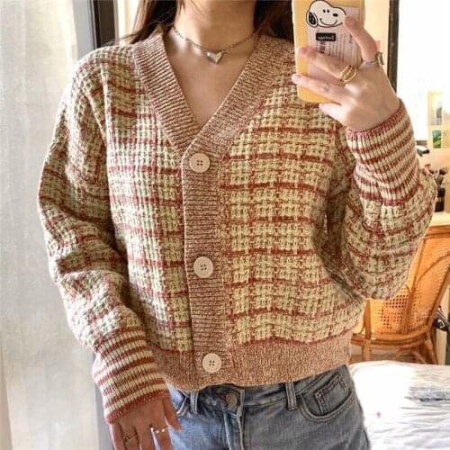 2020 Womens Knitted Cardigans Plaid Oversize V neck Cardigans Sweater Girls Outwear Korean Autumn Winter Tops Kawaii #JJ01