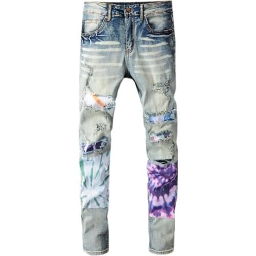 2021 High street fashion casual brand new Light blue ripped patch jeans stretch slim slimming denim pants trousers for men 692