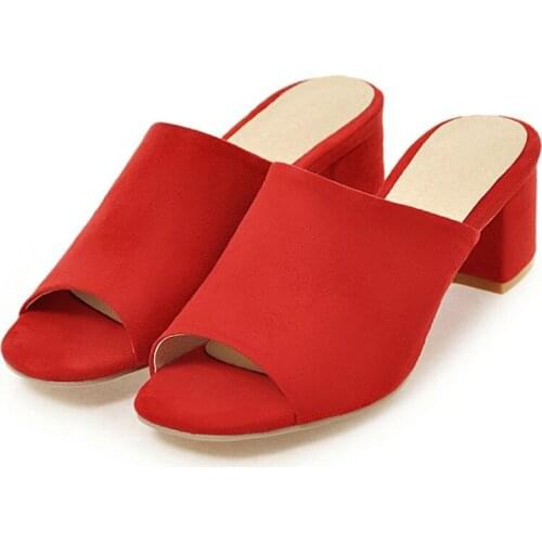 AGODOR mid heel slippers women peep toe summer slides slingback flock block heels shoes outside sexy ladies slippers plus size