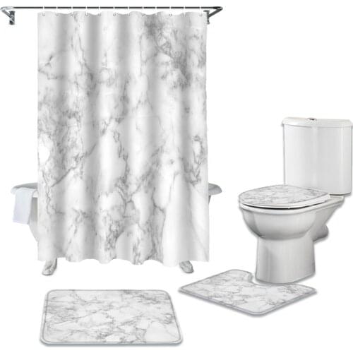 White Marble Texture Bathroom Curtain Set Bath Mat Sets Shower Curtains with Hooks Non-Slip Pedestal Rug Toilet Cover