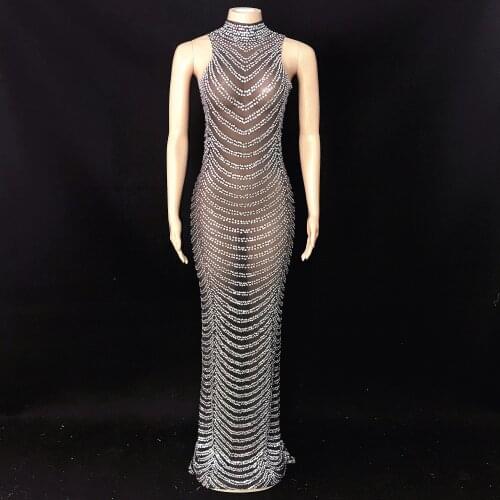 Shining Silver Rhinestones Transparent Mesh Sexy Dress Evening Birthday Celebrate Dress High Neck See Through Net Stretch Dress