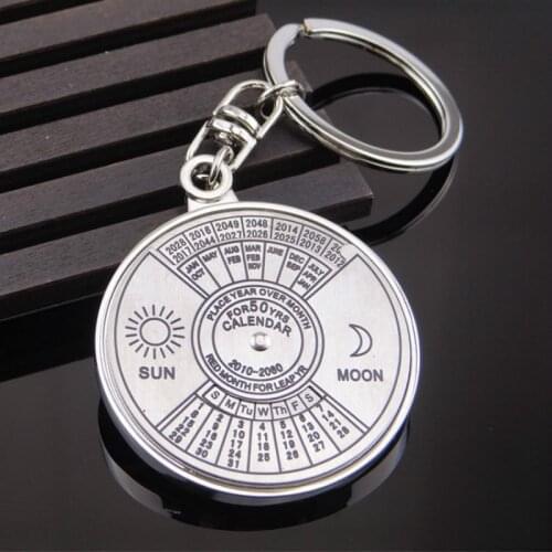 1 Piece 50 Years Perpetual Calendar Keyring Keychain Silver Color Round Pattern Delicate Alloy Key Chain Ring Keyfob