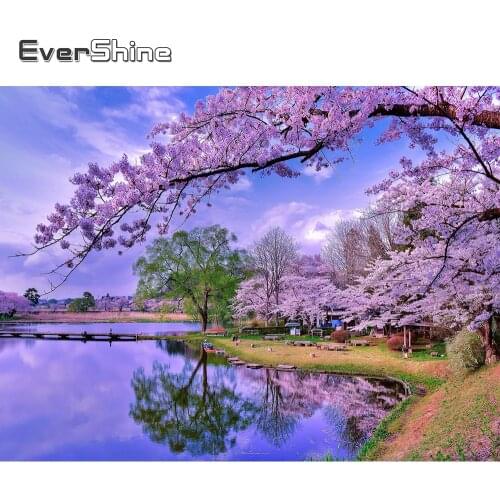 EverShine 5D DIY Diamond Painting With Square Rhinestones Scenery Diamond Embroidery Cherry Blossoms Diamond Mosaic Wall Decor