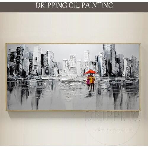 New Modern Wall Art Decor Painting High Quality Modern City Street Oil Painting Women Walking Under Red Umbrella Oil Painting