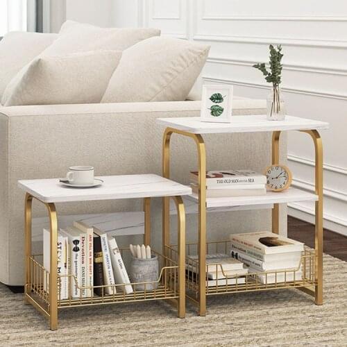 Wood Marble Texture Coffee Table Cabinet Sofa End Table Nightstand with Storage Basket Tray for Bedroom Living Room