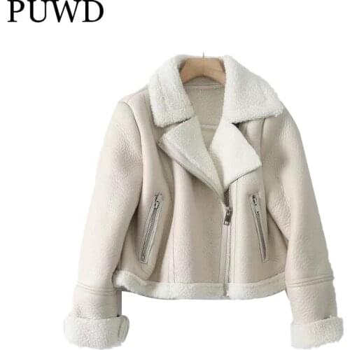 PUWD Warm WomenShort Faux Fur Jacket 2021 Winter Leisure Streetwear Retro Solid Comfortable Fashion Loose Female Thick Outwear