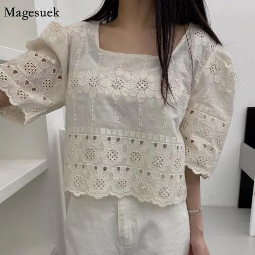 Summer Square Neck Short Blouse Korean Hollow Out Puff Short Sleeve Women Tops Fashion Floral Loose New Sweet Casual Shirt 14453
