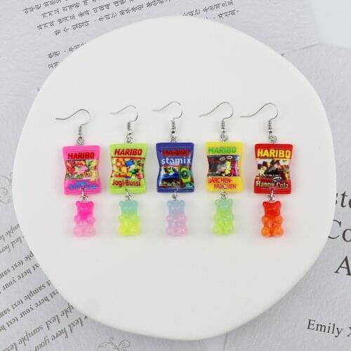 Cartoon Mini Bear Candy Bag Rainbow Dangle Earrings For Women Lovely Fashion Charm Wacky Snack Chips Food Drop Earrings Jewelry