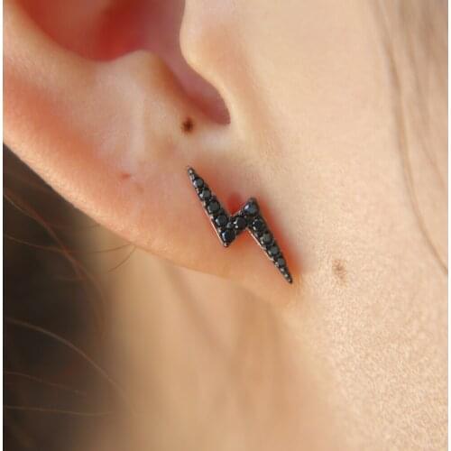 Real 925 Sterling Silver Jewelry Punk Black Lightning Stud Earrings With CZ Gift For Girls Lady Women flash charm earring