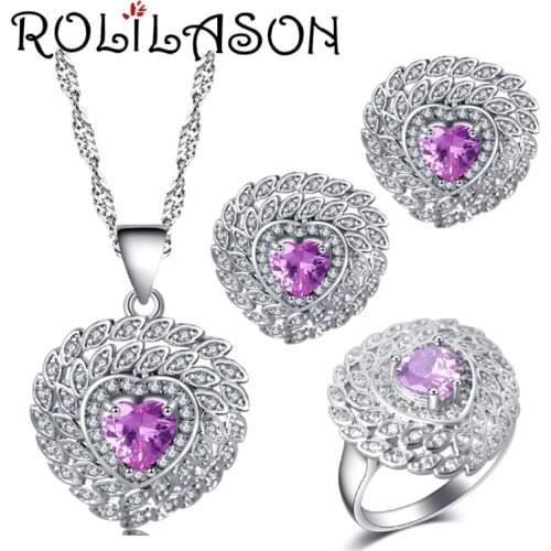 ROLILASON Heart-shaped design for women pink zircon silver Earrings Necklace Rings Jewelry Sets USA size #6#7#8#9#10 JS726