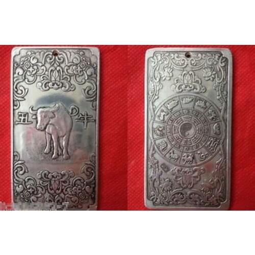 Old Chinese tibet Silver Chinese Zodiac cow Bullion thanka amulet thangka