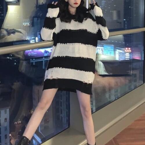 Basic Striped Sweater Hollow Out Women Ripped Jumper Streetwear Spring Autumn Knitted Sweaters Pullover Oversize White and Black