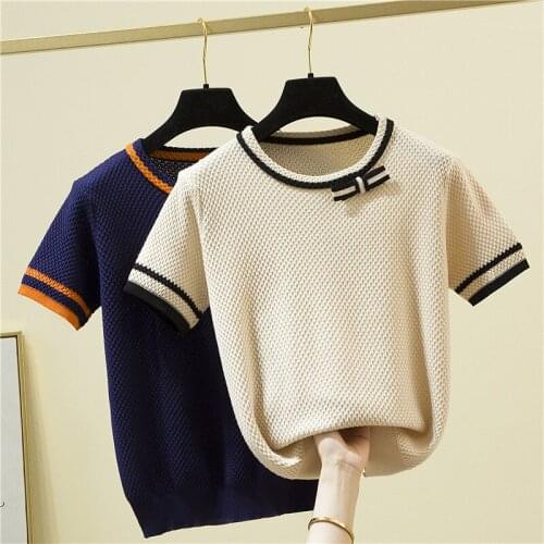 Thin Knitted T Shirt Women Clothes 2021 Summer Woman Short Sleeve Contrast Color Striped Tops Casual T-Shirt Tee Shirt Femme