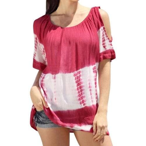 Summer Women Tops T-Shirts Cold Shoulder Short Sleeve T-shirts Trendy Round Neck Tie-dye Print Loose Top Beach Футболка