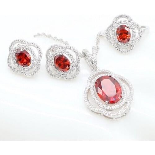 XUTAAYI Fashion Chevron Shape Oval Red Cubic Zirconia Stone Engagement Jewelry Set For Women Sterling Silver Color