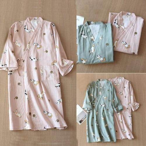 Lover Japanese Pajamas Kimono Yukata Nightgown Robe Unisex V Neck Cotton Linen Couple Cat Print Kawaii Dress Women Man Summer